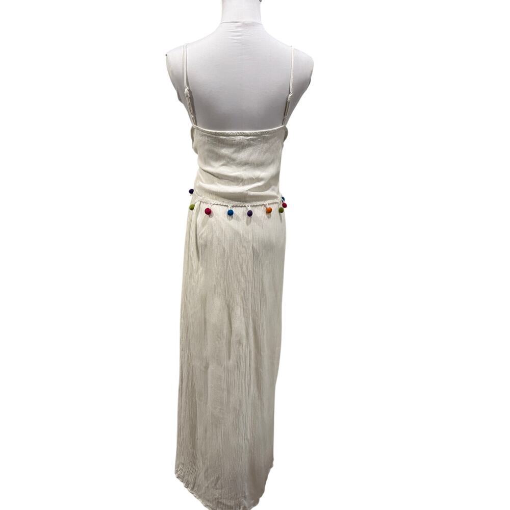 Hint of Blush White Maxi Dress XL Colorful Pom Pom Trim Boho Resort Beach Summer - Picture 3 of 8